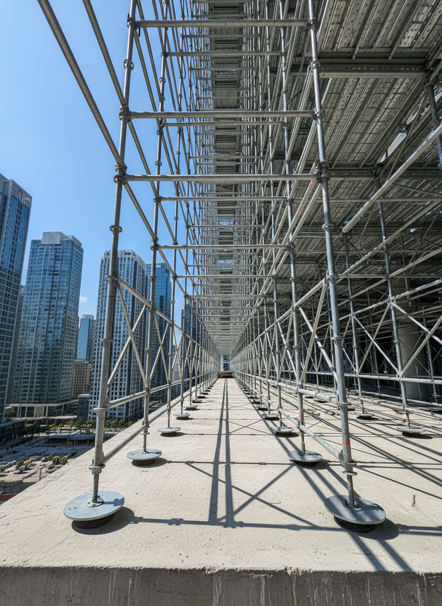 An expansive network of modular steel scaffolding rises alongside a modern high-rise under construction, each horizontal and vertical tube perfectly aligned, with bright galvanised surfaces catching the light. Diagonal cross-braces and sturdy base plates create a geometric grid pattern that extends into the distance. The setting is an urban skyline with other completed glass and concrete buildings softly blurred in the background. Clear midday daylight produces crisp, even illumination, making every bolt and connection clearly visible while casting orderly shadows on the concrete slab below. Captured from a low-angle perspective in photographic realism, the composition emphasizes height and structural stability. The overall atmosphere is bold, ambitious, and meticulously organized, perfectly conveying the engineering precision required to “build the steps” to large-scale architectural dreams.