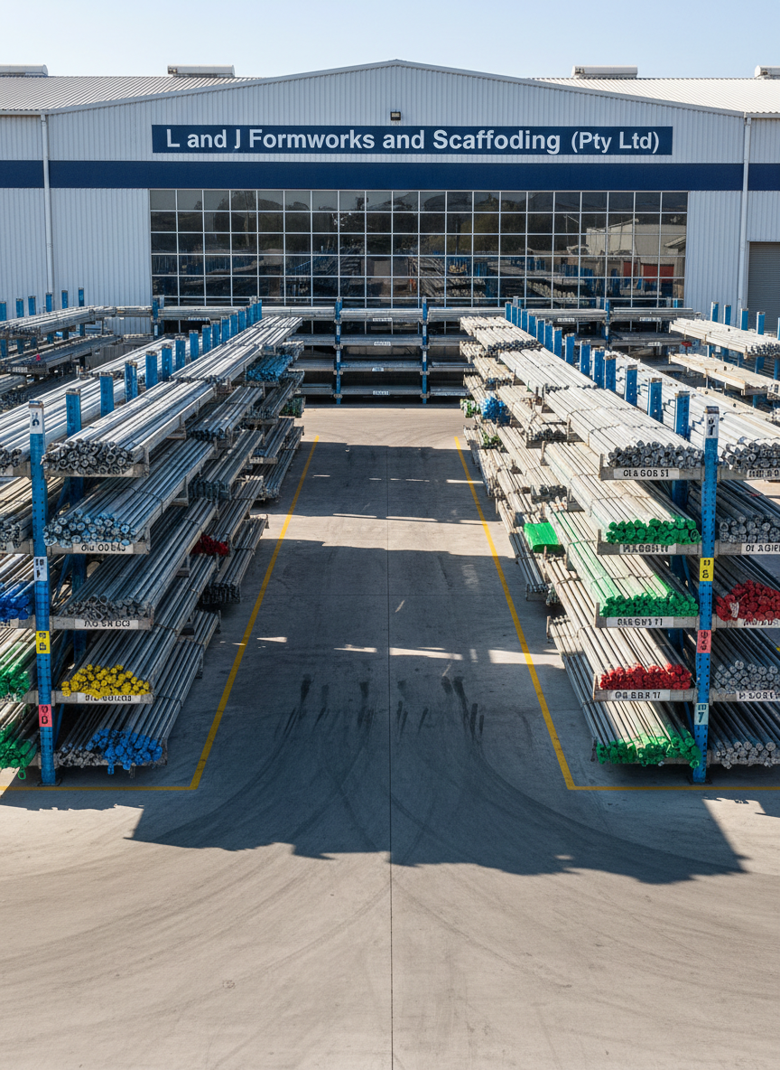 A meticulously organized scaffolding storage yard featuring rows of gleaming steel tubes, couplers, base plates, and decks arranged on sturdy metal racks, all labeled and color-coded for easy identification. The ground is a smooth, compacted concrete pad, spotless except for subtle tire tracks from recent equipment movement. In the background, a large warehouse with the company name “L and J Formworks and Scaffolding (Pty) Ltd” printed crisply on the facade anchors the setting. Late morning natural light streams in from the right, creating soft, directional highlights on the metallic surfaces and clean, elongated shadows that emphasize orderliness. Captured in photographic realism from a slightly elevated, wide-angle view, the composition showcases depth and symmetry. The atmosphere is efficient, trustworthy, and highly professional, highlighting logistical capability and readiness for any scale of construction project.