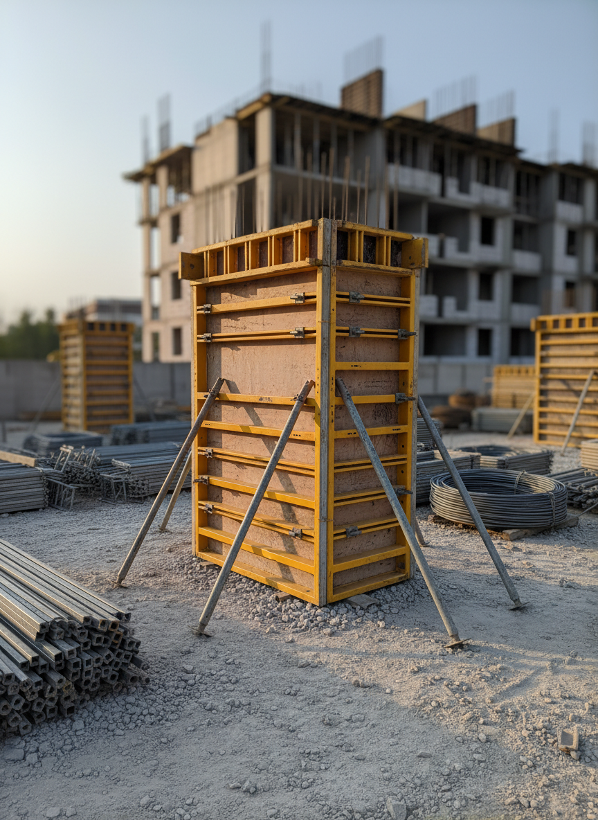 A sturdy, freshly assembled concrete formwork system dominates the foreground, its smooth plywood panels framed by bright yellow steel beams and precisely aligned braces. The formwork stands on a clean, compacted gravel slab within a large, organized construction site. Around it, stacks of neatly arranged scaffolding components and reinforcement bars rest in designated zones, with a partially completed multi-story concrete structure in the softly blurred background. Late afternoon natural light bathes the scene, creating crisp highlights along metal edges and gentle shadows on the ground. Shot at eye level in photographic realism with sharp focus on the formwork and a slight depth falloff, the mood is professional, reliable, and forward-looking, suggesting careful planning and solid foundations for future development.