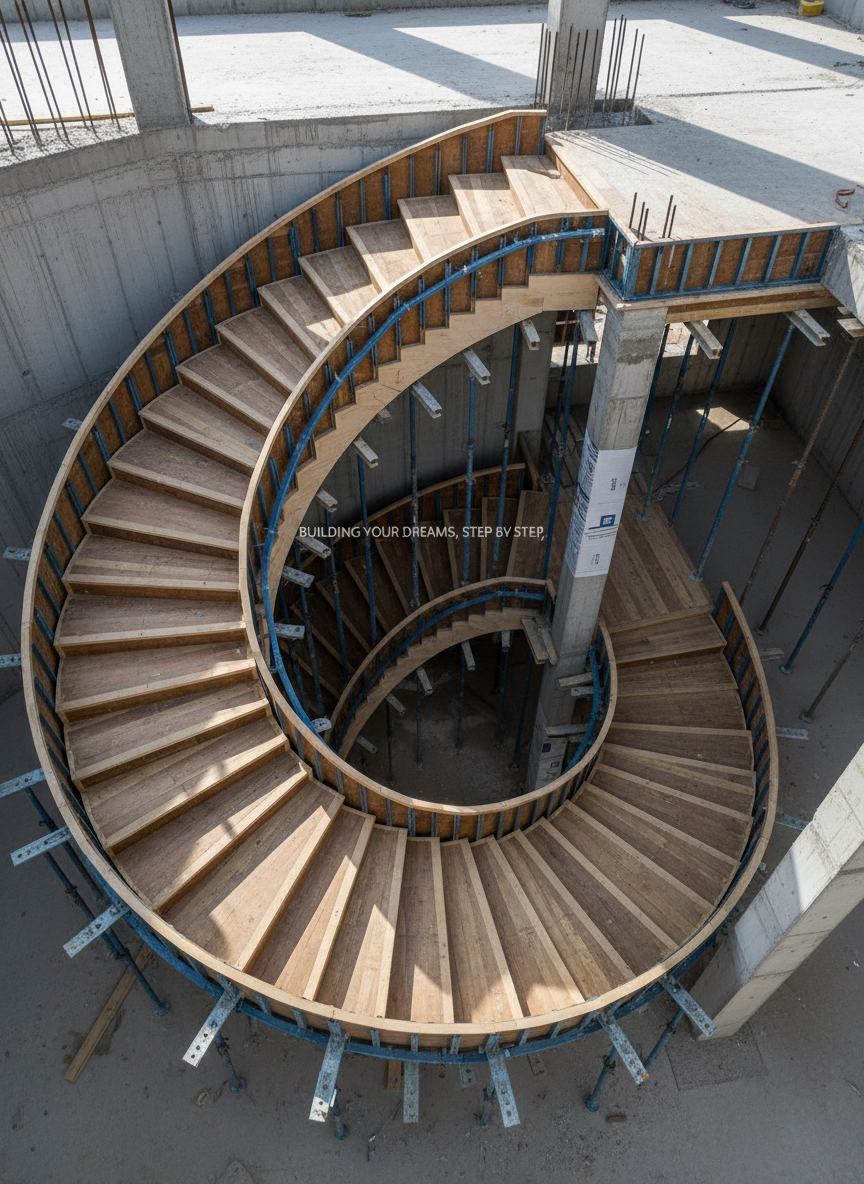 A dynamic overhead view of a multi-level concrete staircase under construction, encased in precise formwork that traces each future step. Smooth timber panels and robust steel stringer forms create the exact profile of the stairs, tightly braced by adjustable props and diagonal supports. The staircase curves gently upward within a partially built concrete frame, symbolizing “building the steps to your dreams.” Natural light filters from an open roof deck above, casting soft, diagonal shadows that accentuate the repeating rhythm of the steps. Captured in photographic realism from a high, slightly offset vantage point, the image emphasizes depth and progression. The mood is aspirational yet grounded in technical excellence, showcasing how specialized formwork transforms complex architectural visions into solid, climbable reality.