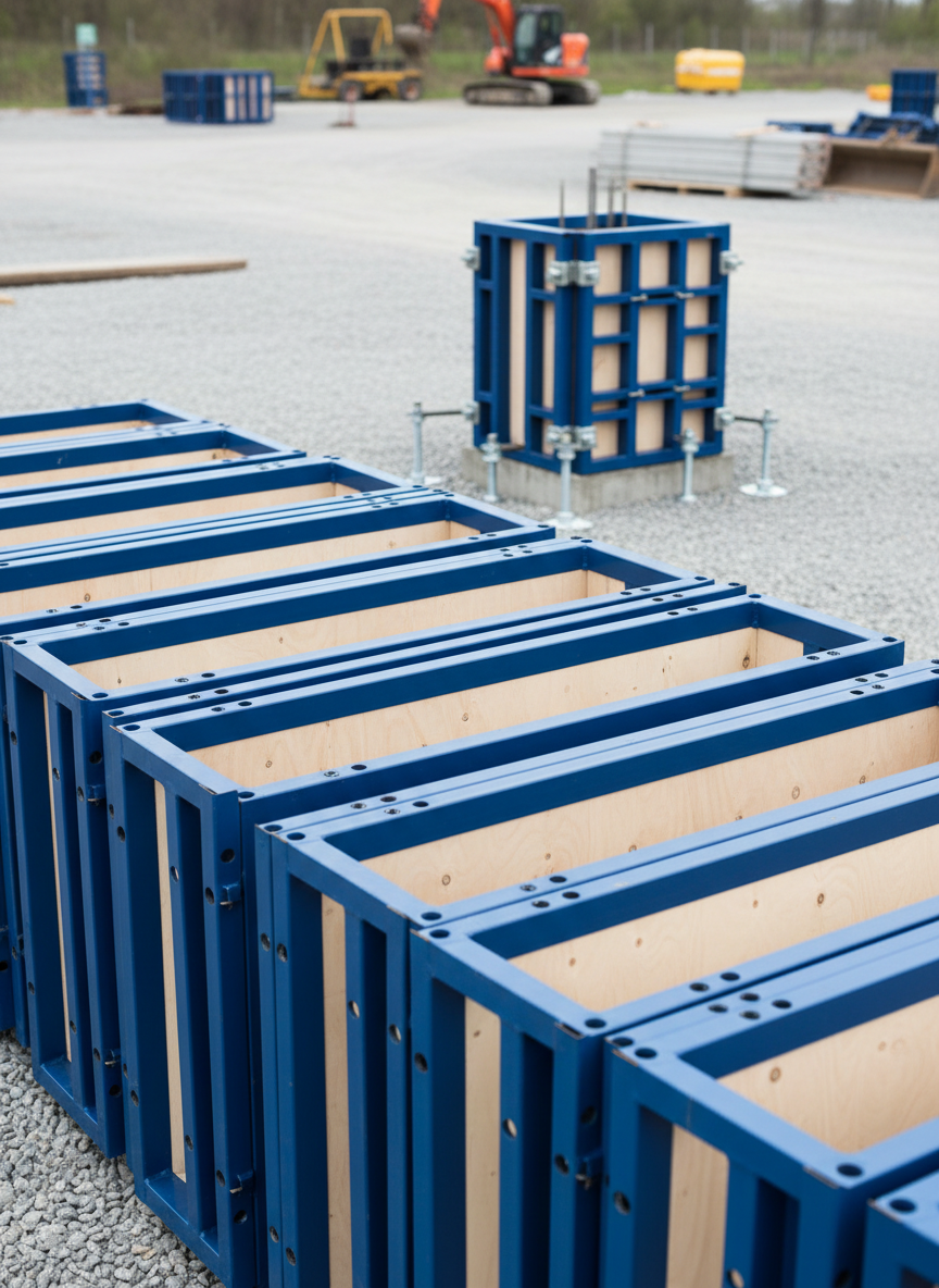 A close-up, wide-angle view of heavy-duty formwork panels stacked in an orderly fashion on a clean construction yard, each panel featuring robust steel frames with a matte industrial blue finish and smooth, pale plywood faces. The edges show precise machining and neatly aligned bolt holes, suggesting reliability and reusability. In the middle distance, a compact, partially assembled formwork setup surrounds a square concrete column base, with leveling jacks carefully adjusted. Soft, overcast daylight provides diffuse, shadow-free illumination, highlighting textures of metal, wood, and concrete. Shot from a slightly elevated angle, the photographic composition follows the rule of thirds, drawing the eye from detailed stacks in the foreground to the practical application in the background. The mood is calm, methodical, and professional, emphasizing quality materials and careful preparation before the concrete pour.