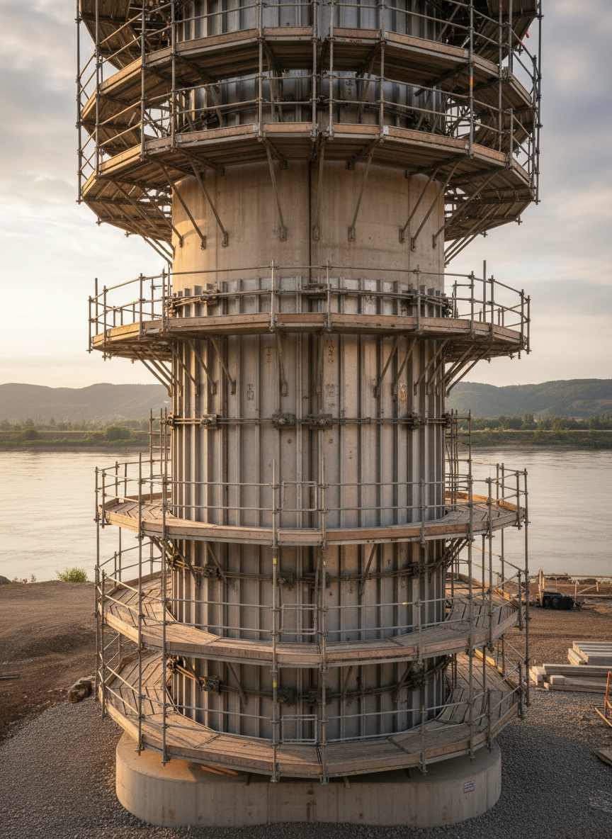 A detailed side view of a bridge pier under construction, wrapped in tall, cylindrical formwork made from smooth, interlocking steel panels with evenly spaced ribs and secure locking clamps. Heavy-duty scaffolding platforms encircle the form, providing continuous access at multiple levels, with toe boards and guard rails clearly visible for safety. The setting is an open infrastructure site beside a wide river, with distant hills and a partially cloudy sky softly blurred. Warm golden-hour sunlight illuminates the metal surfaces, creating subtle reflections and long shadows across the gravel base and temporary foundations. Shot in photographic realism from a mid-distance, low-angle perspective, the composition emphasizes vertical strength and engineering scale. The atmosphere is grand and purposeful, highlighting the company’s capability in large civil engineering and infrastructure projects.